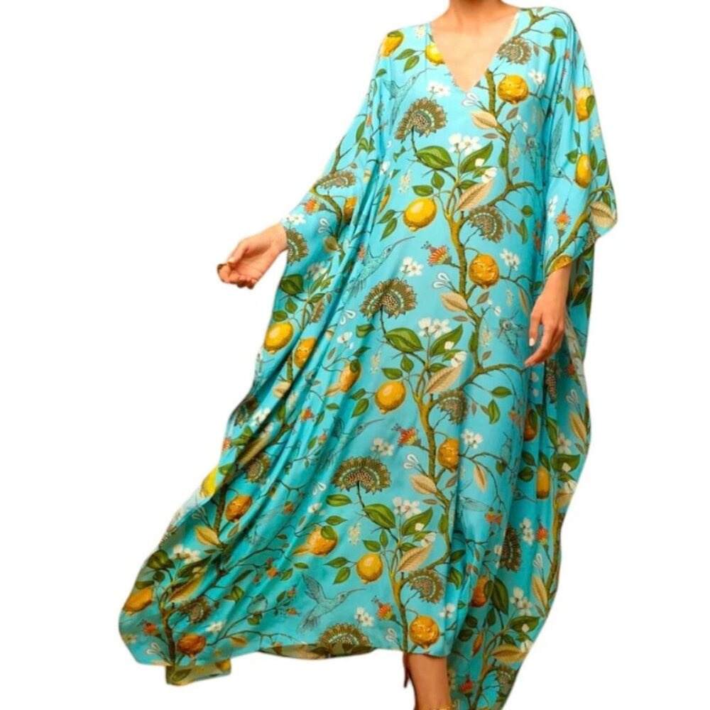 Like new! NICOBLU Flora Kaftan Dress 1X-4X Plus Blue Hummingbird Kimono Sleeve